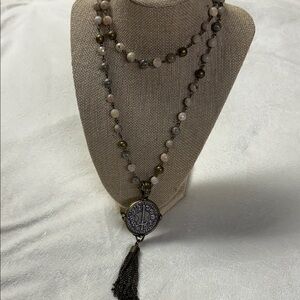 French Kande Multi-Strand Cream and Antique Gold Tassel Necklace